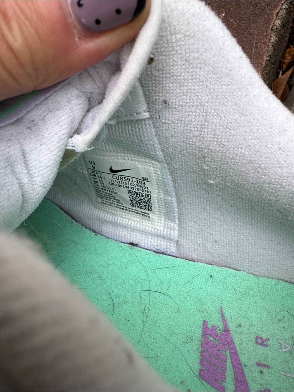 Women’s Nike Air Force 1 Low - White with Mint Green and lavendar Accents Size 9 - Picture 9 of 9